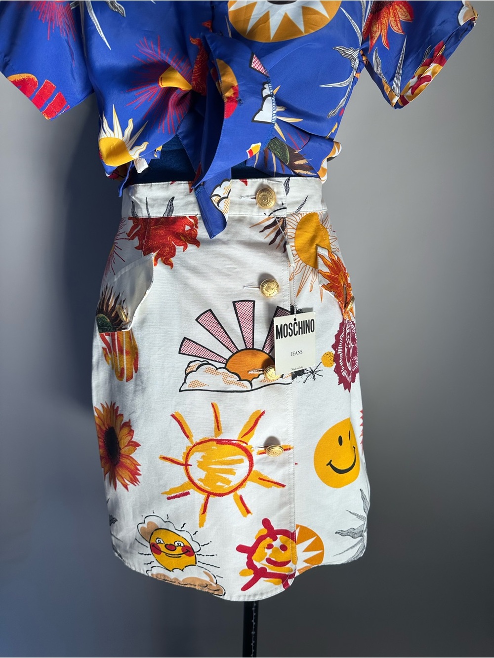 Rare Vintage 90’s Moschino White Celestial Sun & Floral Print Mini Skirt